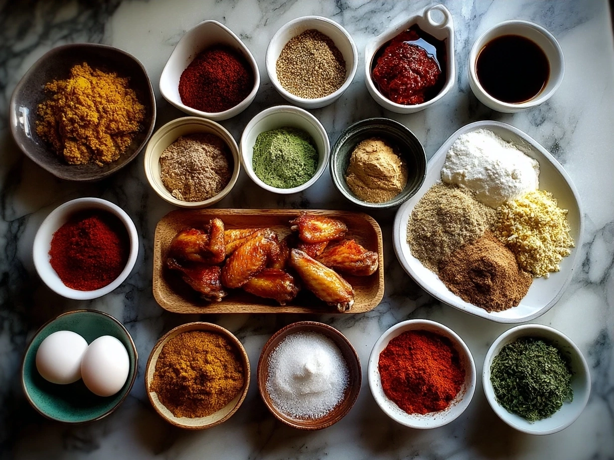 Ingredients for Spicy Dry Rub Wings laid out on a kitchen counter