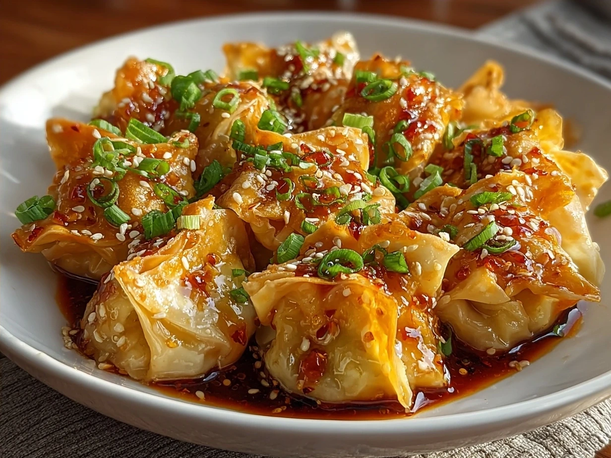 Serving bowl of Spicy Wontons in Chilli Sauce garnished with spring onions