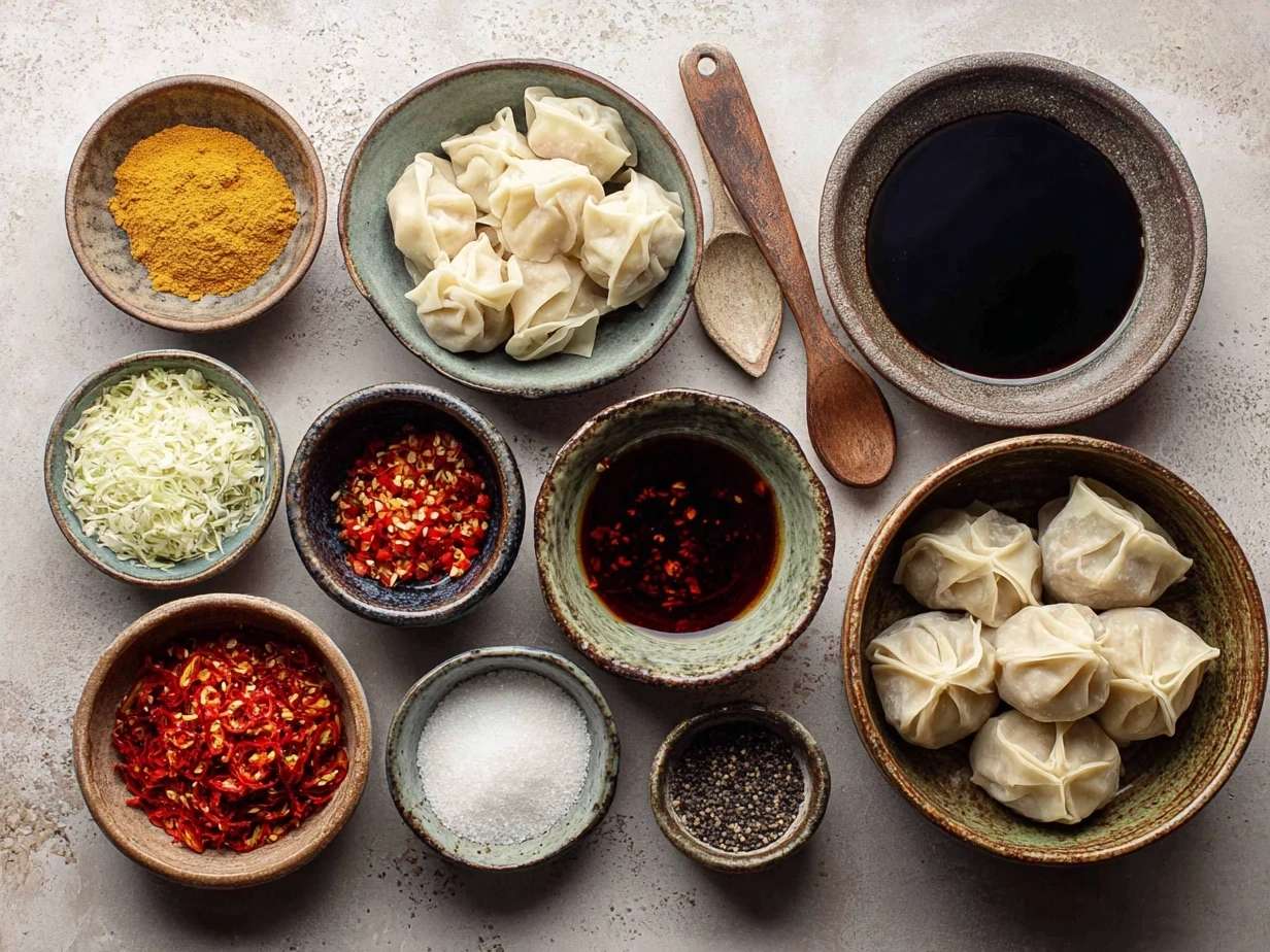 Ingredients laid out for Spicy Wontons in Chilli Sauce including wonton wrappers, ground pork, green onions, ginger, garlic, and chili oil