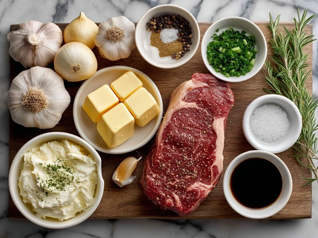 Ingredients for Steak with Garlic Cream Sauce including ribeye steaks, butter, garlic, cream, and parsley