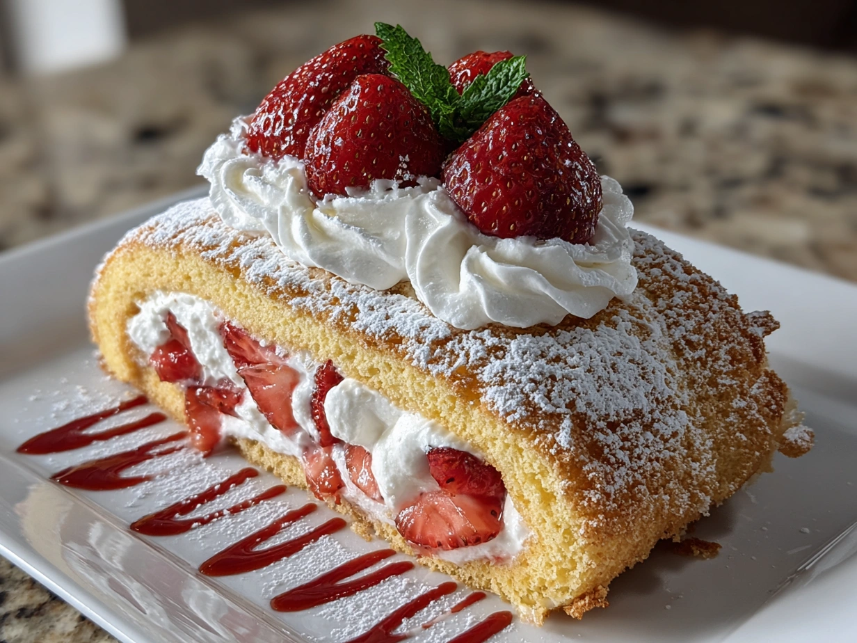 Finished Strawberry Cream Cake Roll dessert beautifully sliced and served