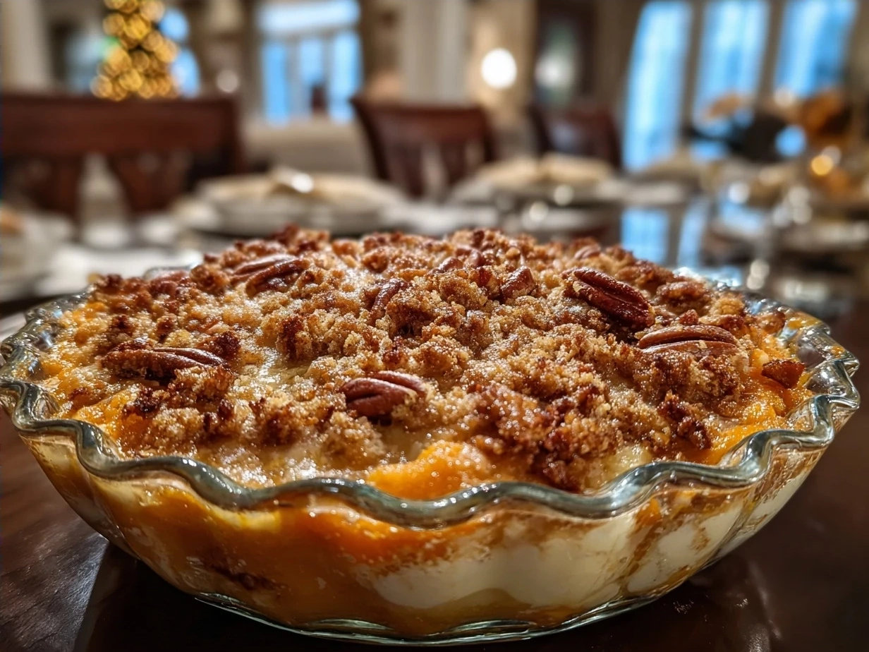 Final baked Sweet Potato Casserole with pecan topping ready to serve