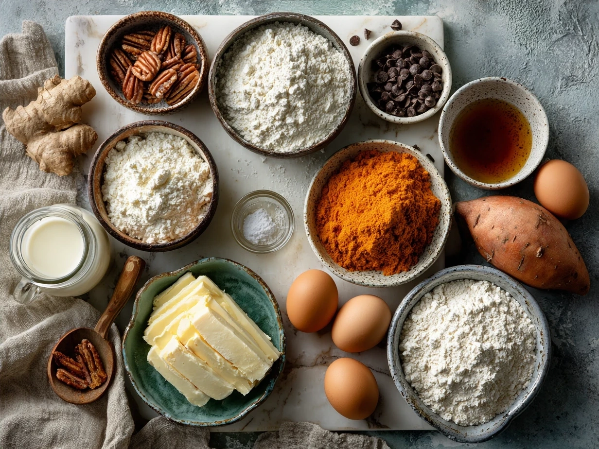 Ingredients for Sweet Potato Casserole including sweet potatoes, pecans, brown sugar, butter