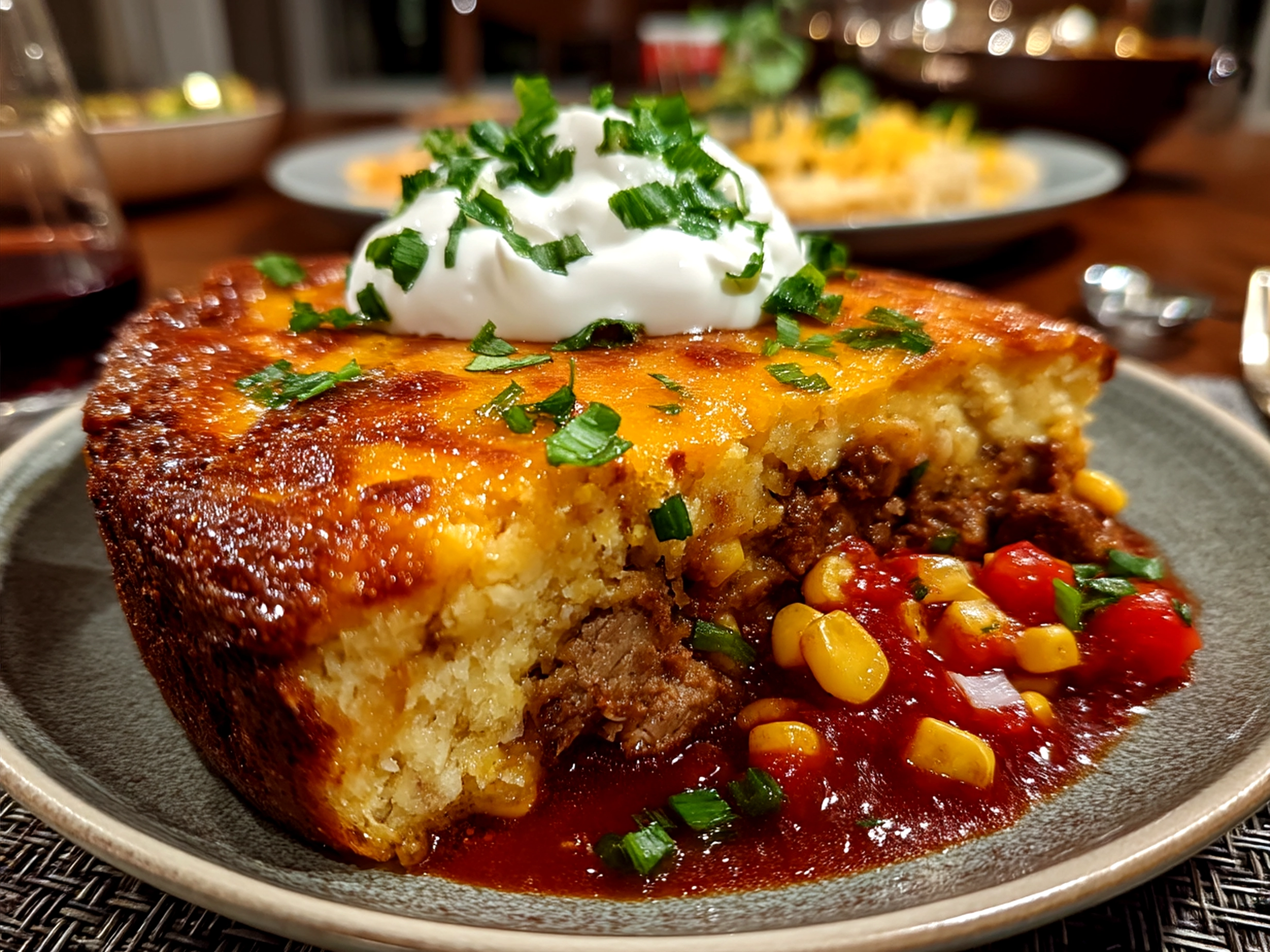 Serving suggestion of cheesy Taco Casserole with garnishes