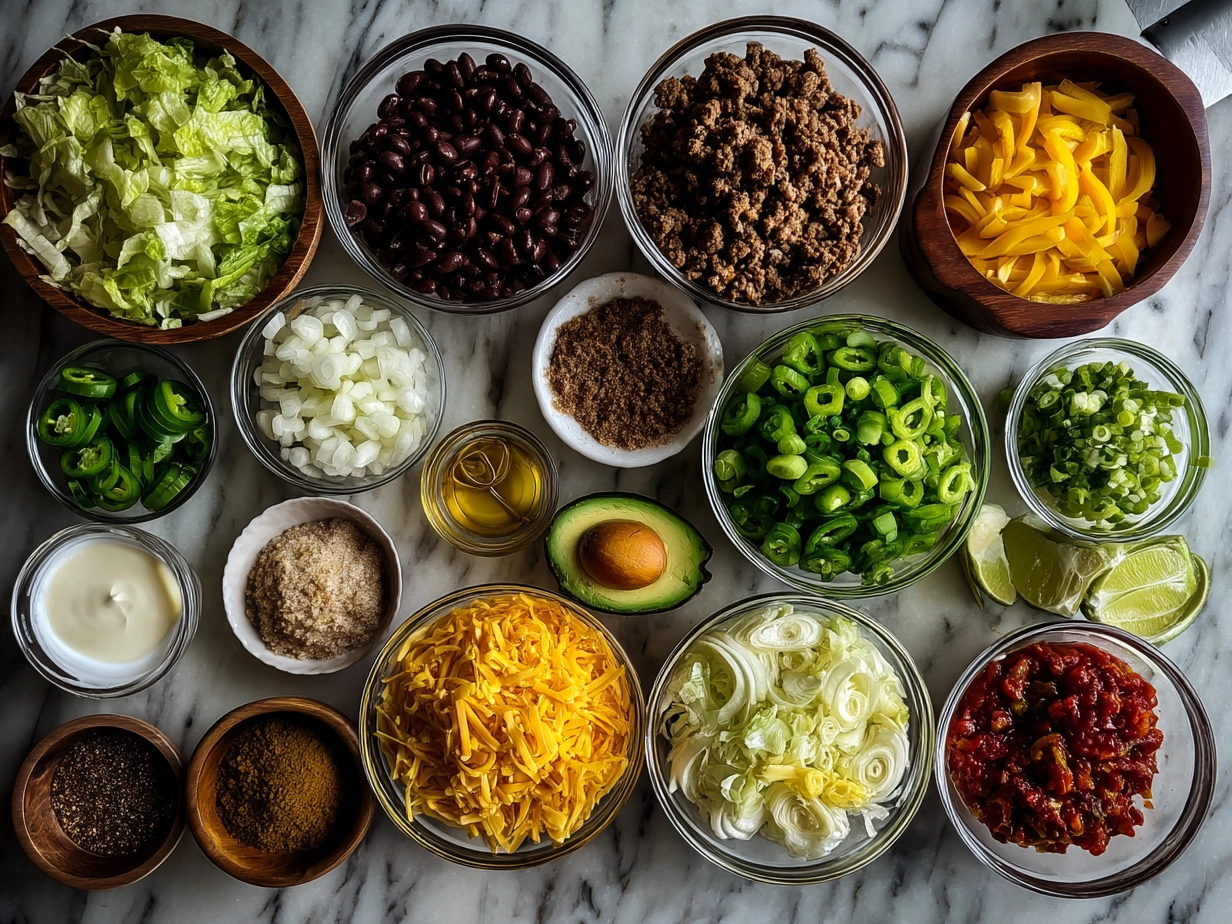 Ingredients for Taco Casserole including ground beef, beans, cheese, and tortilla chips