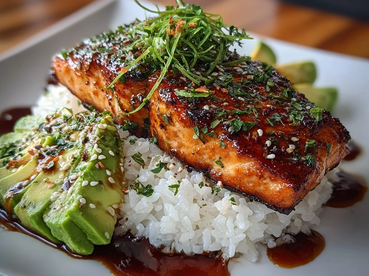 Final plated Teriyaki Salmon Avocado Rice bowl showcasing glazed salmon, avocado slices, and rice with garnishes