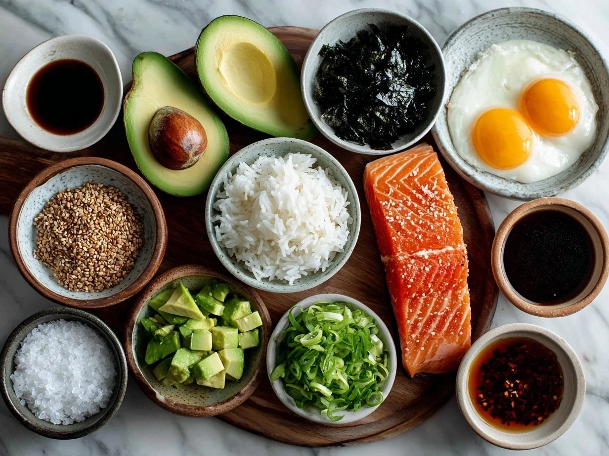 Fresh ingredients for Teriyaki Salmon Avocado Rice including salmon fillets, avocado, sushi rice, and teriyaki sauce components