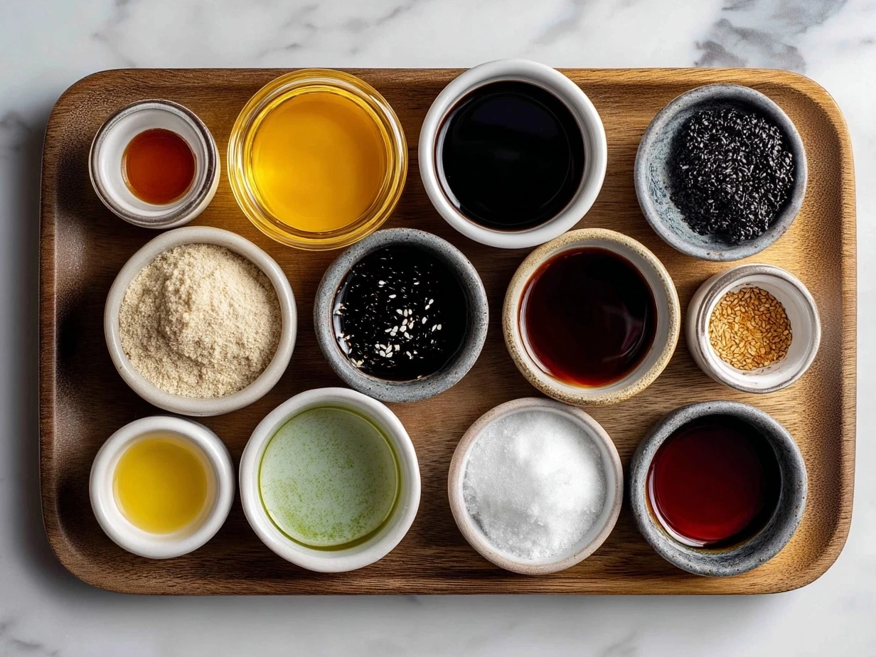 Ingredients for Teriyaki Sauce including soy sauce, mirin, brown sugar, ginger, garlic, sake, cornstarch, and sesame oil