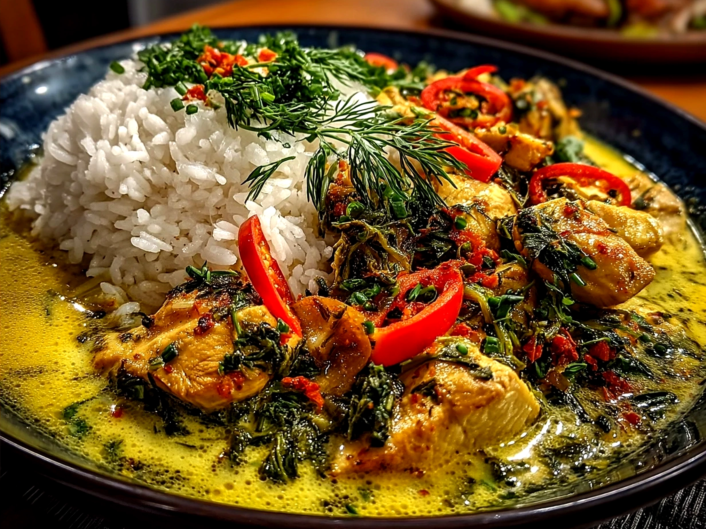Served Thai Chicken Coconut Curry in a bowl garnished with fresh herbs alongside jasmine rice