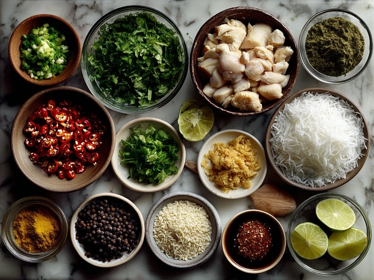 Ingredients for Thai Chicken Coconut Curry laid out including coconut milk, chicken thighs, curry paste, vegetables, and spices