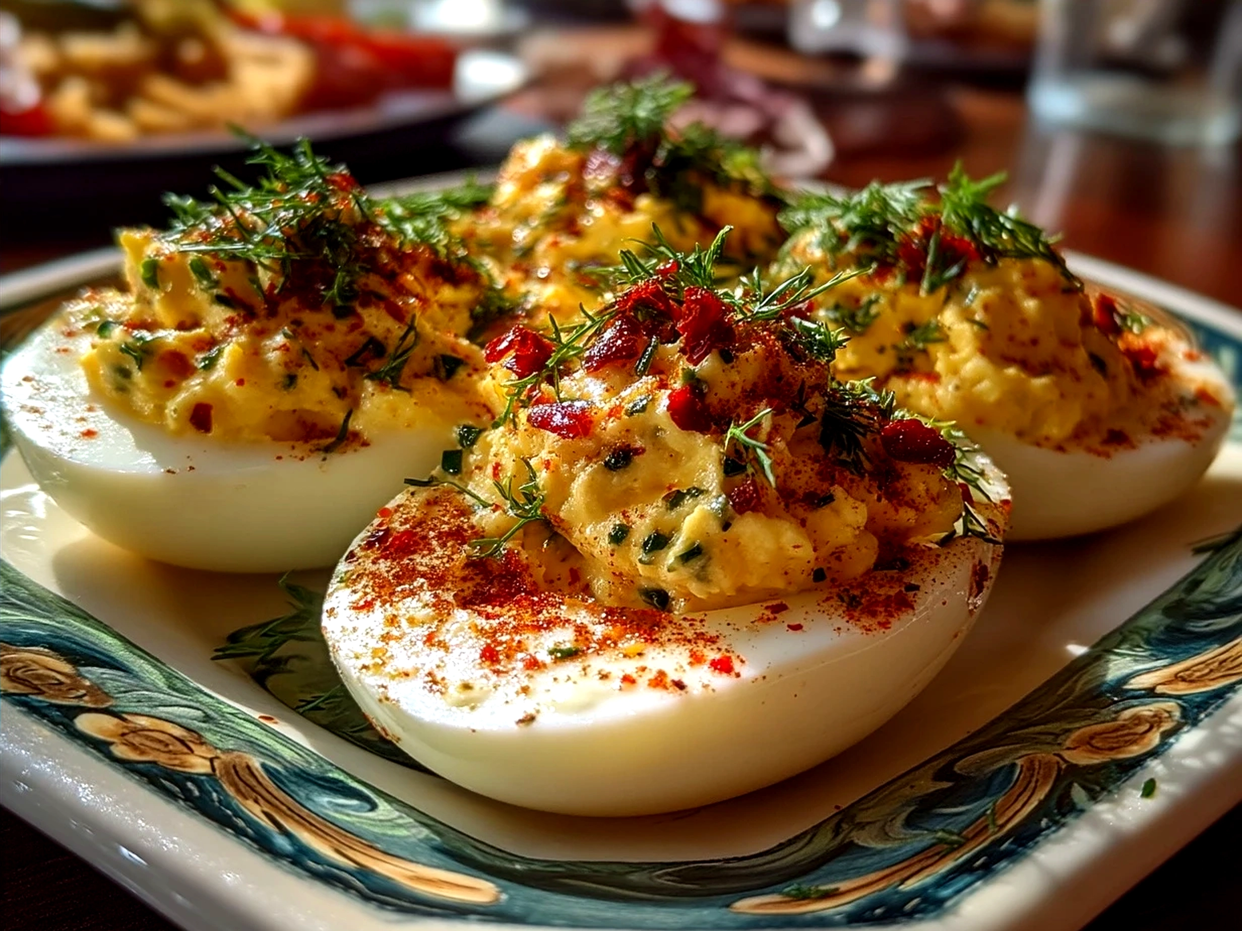 Finished Thanksgiving Deviled Eggs served on a festive platter