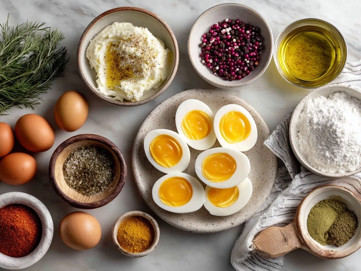 Ingredients for Thanksgiving Deviled Eggs laid out on a table