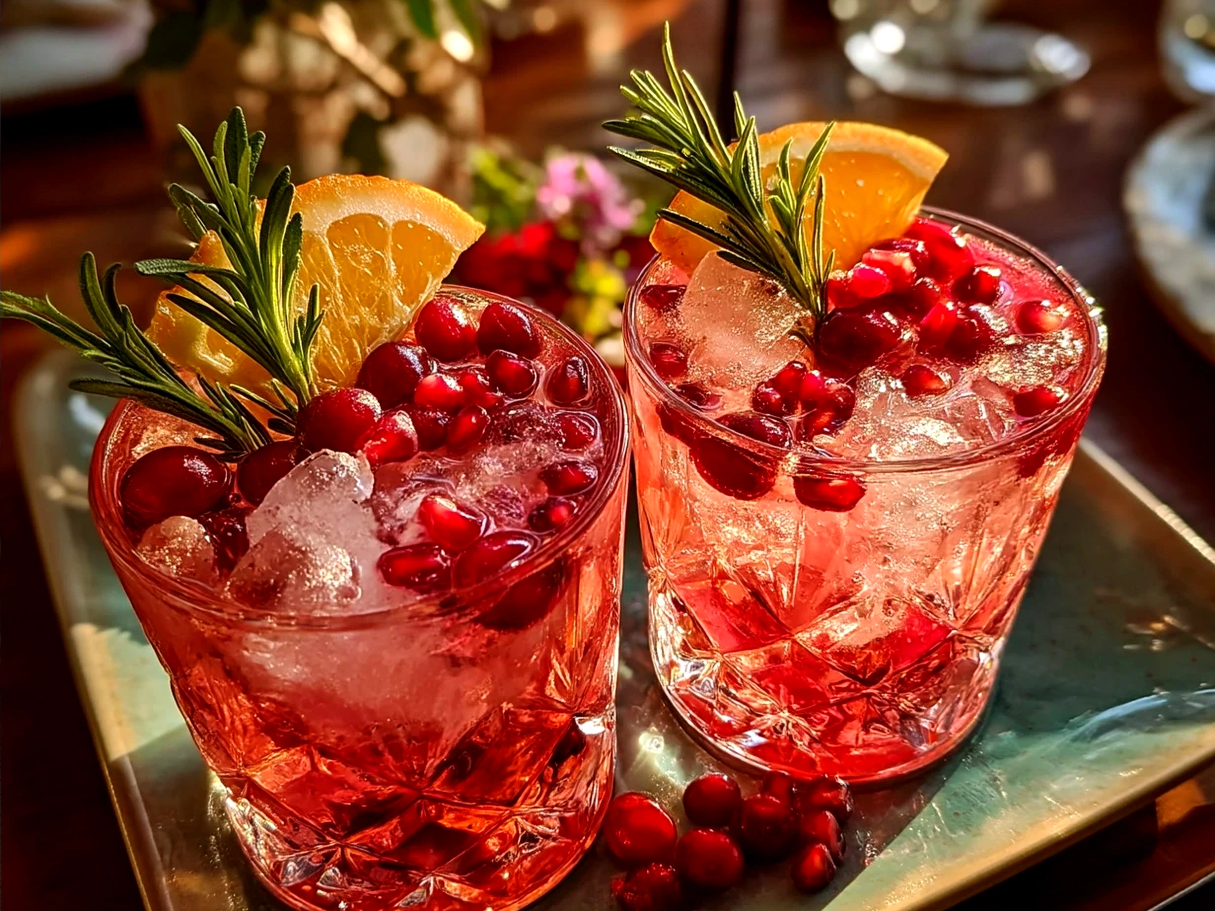 Served Thanksgiving Mocktail garnished with orange slices and cranberries
