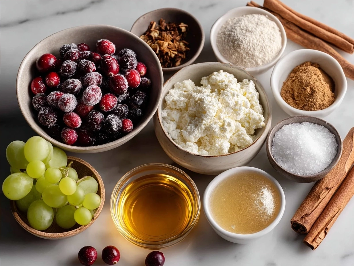 Ingredients for Thanksgiving Mocktail Recipe with cranberry juice, orange juice, apple cider, spices, and garnishes
