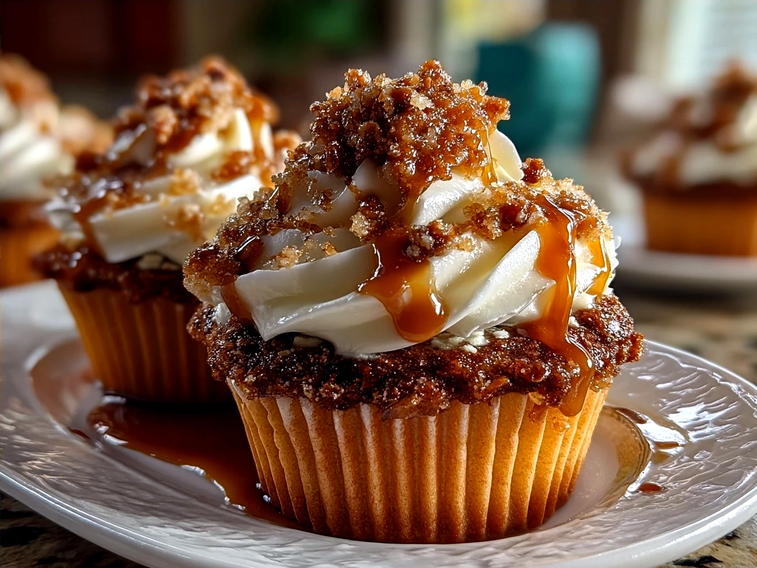 Served Toffee Crunch Cupcakes on a rustic wooden tray, ready to enjoy