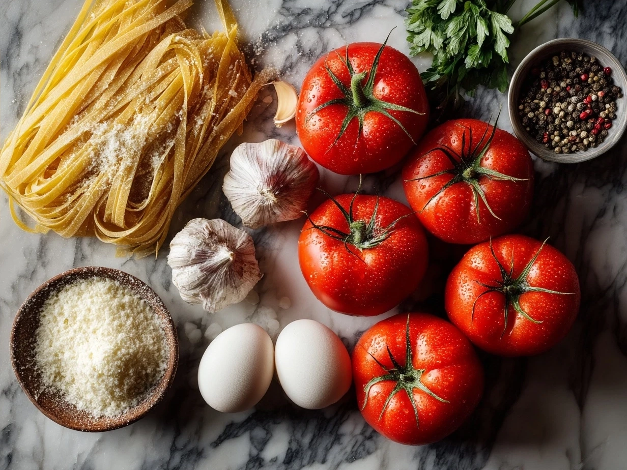 Ingredients for Tomato Garlic Pasta: spaghetti, fresh tomatoes, garlic, olive oil, basil, and Parmesan cheese