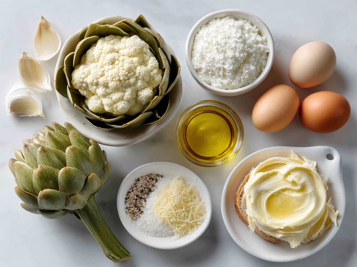 Top down view of ingredients for artichoke sandwich including marinated artichokes, cream cheese, bread, and fresh greens