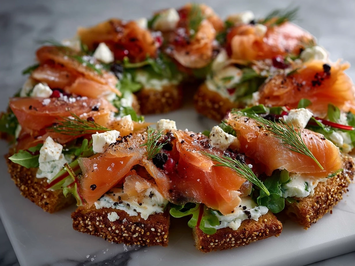 Top down view of ingredients for Christmas Smoked Salmon Bruschetta Wreath including baguette slices, smoked salmon, cream cheese mixture, lemon and herbs