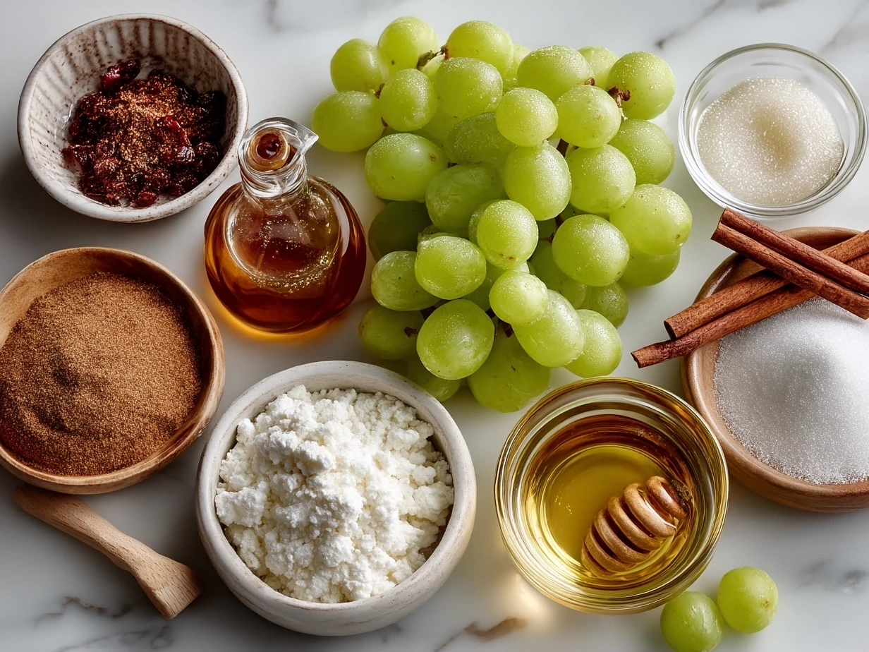 Top down view of ingredients for Cinnamon Apple Grape Salad including apples, grapes, cinnamon and nuts