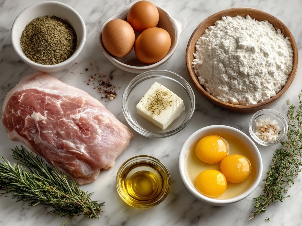 Top down view of ingredients for Crock Pot Turkey Breast including spices, lemon, broth, and turkey breast