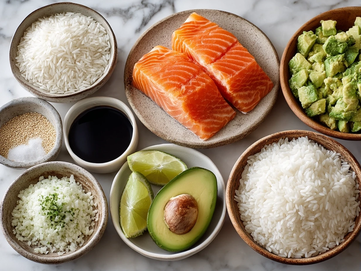 Top-down view of ingredients for Rice Sushi with Smoked Salmon and Avocado