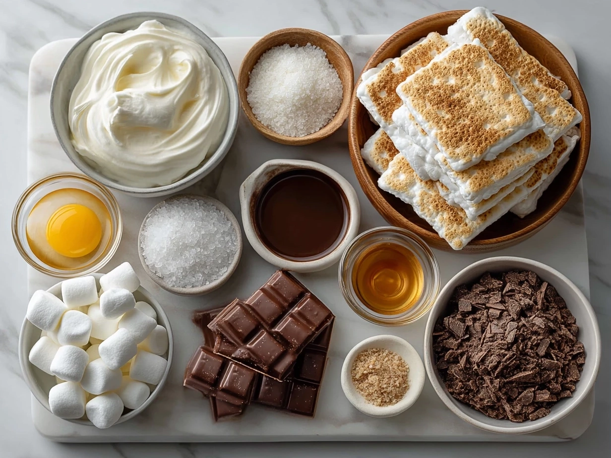 Top-down view of ingredients for making Smores Bark including chocolate chips, mini marshmallows, crushed graham crackers, butter, vanilla extract, and sea salt