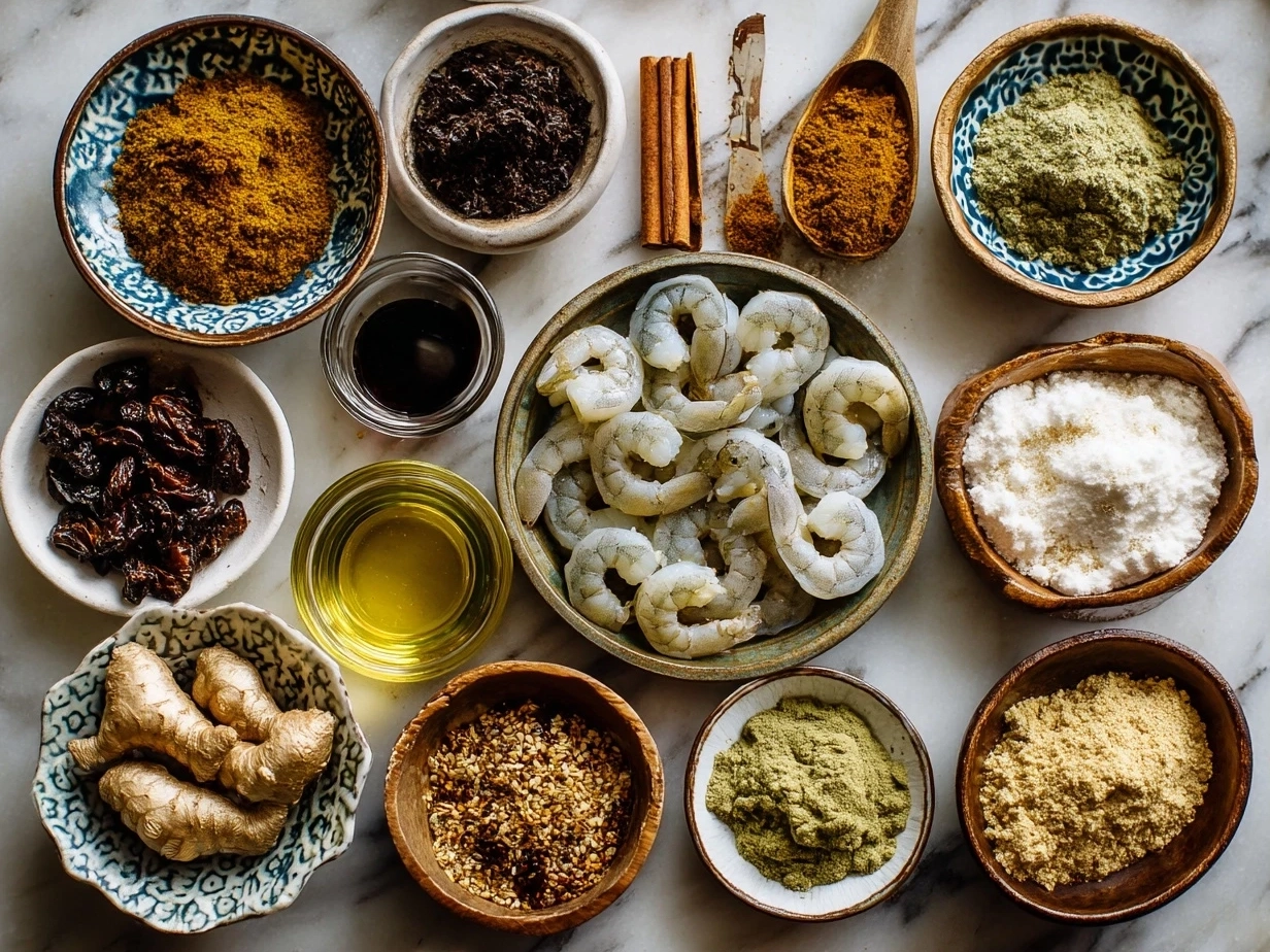 Top down view of ingredients for Spicy Moroccan Shrimp Tagine including shrimp, spices, tomatoes, garlic, and preserved lemon