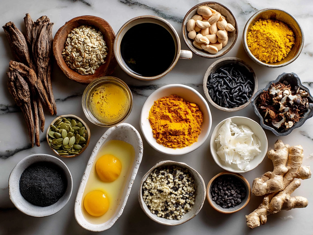 Top-down view of raw ingredients for African Peanut Soup on marble surface