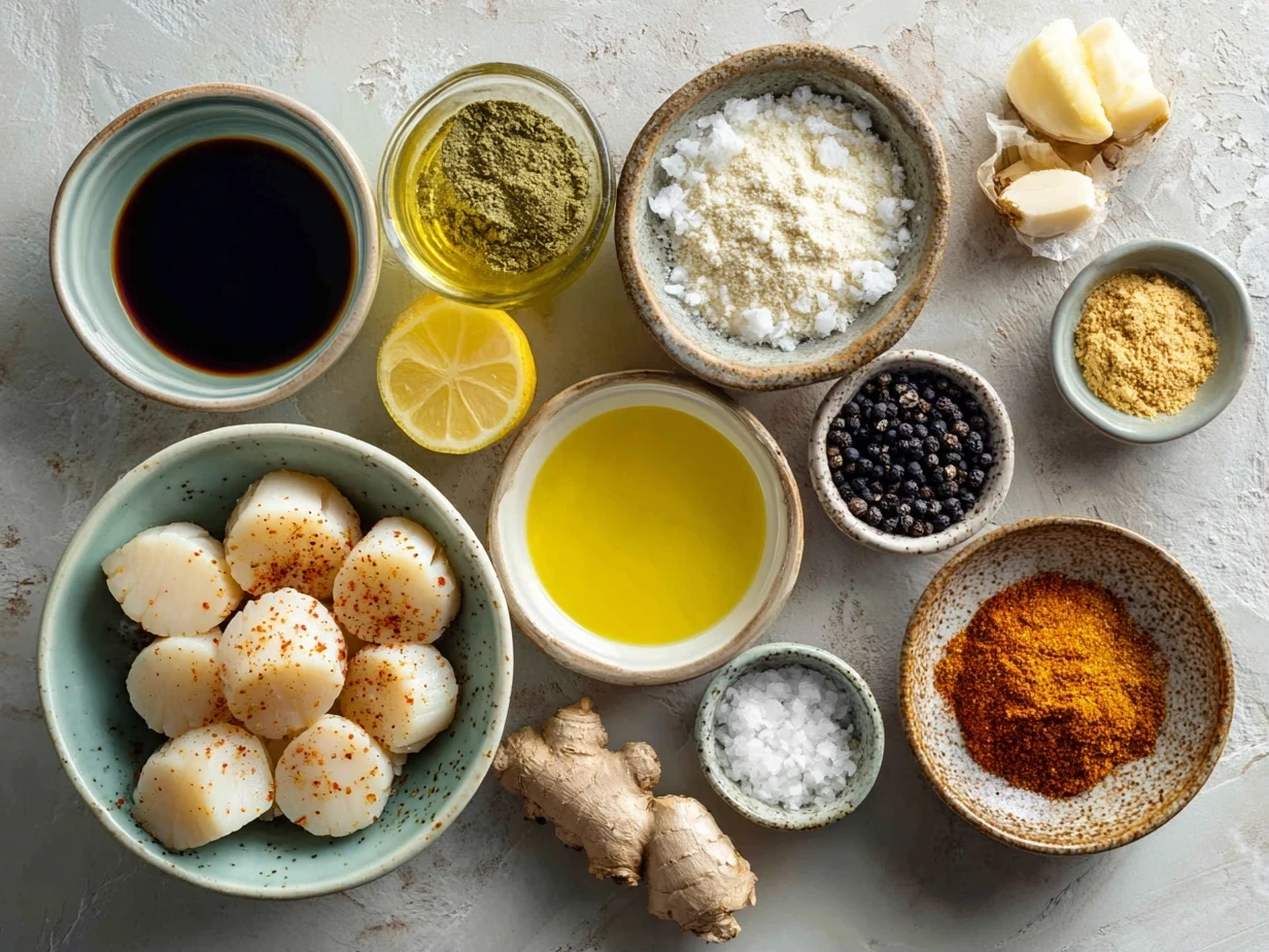 Top down view of raw ingredients for Air Fryer Sea Scallops on marble surface