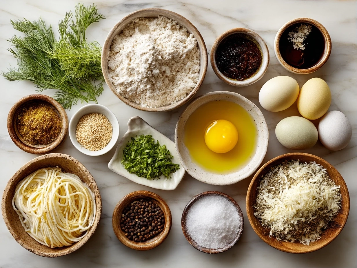 Top-down view of raw ingredients for Alfredo sauce on marble surface