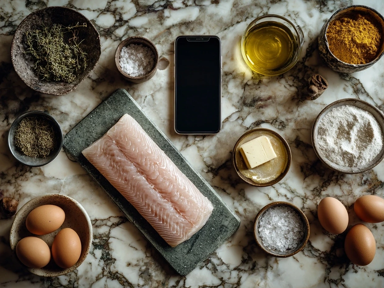 Raw ingredients for Baked Swordfish on marble surface