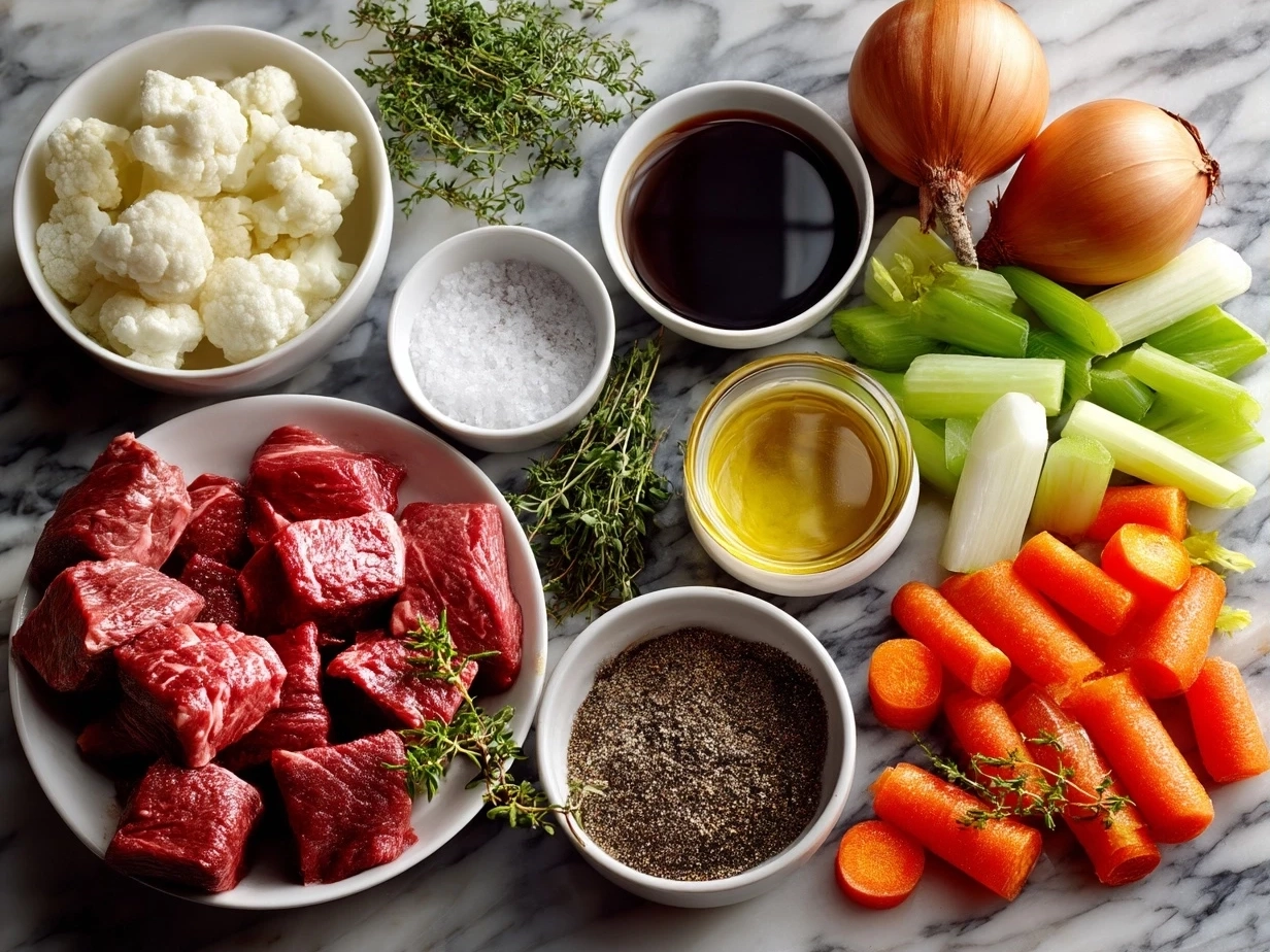 Top down view of raw ingredients for beef vegetable soup on marble surface