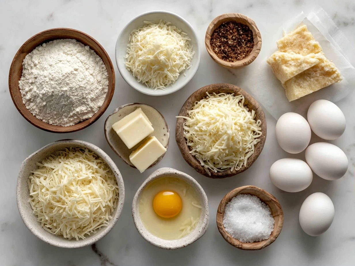 Top down view of raw ingredients for cheesy breakfast casserole including eggs, cheese, bread, spices, and sausage