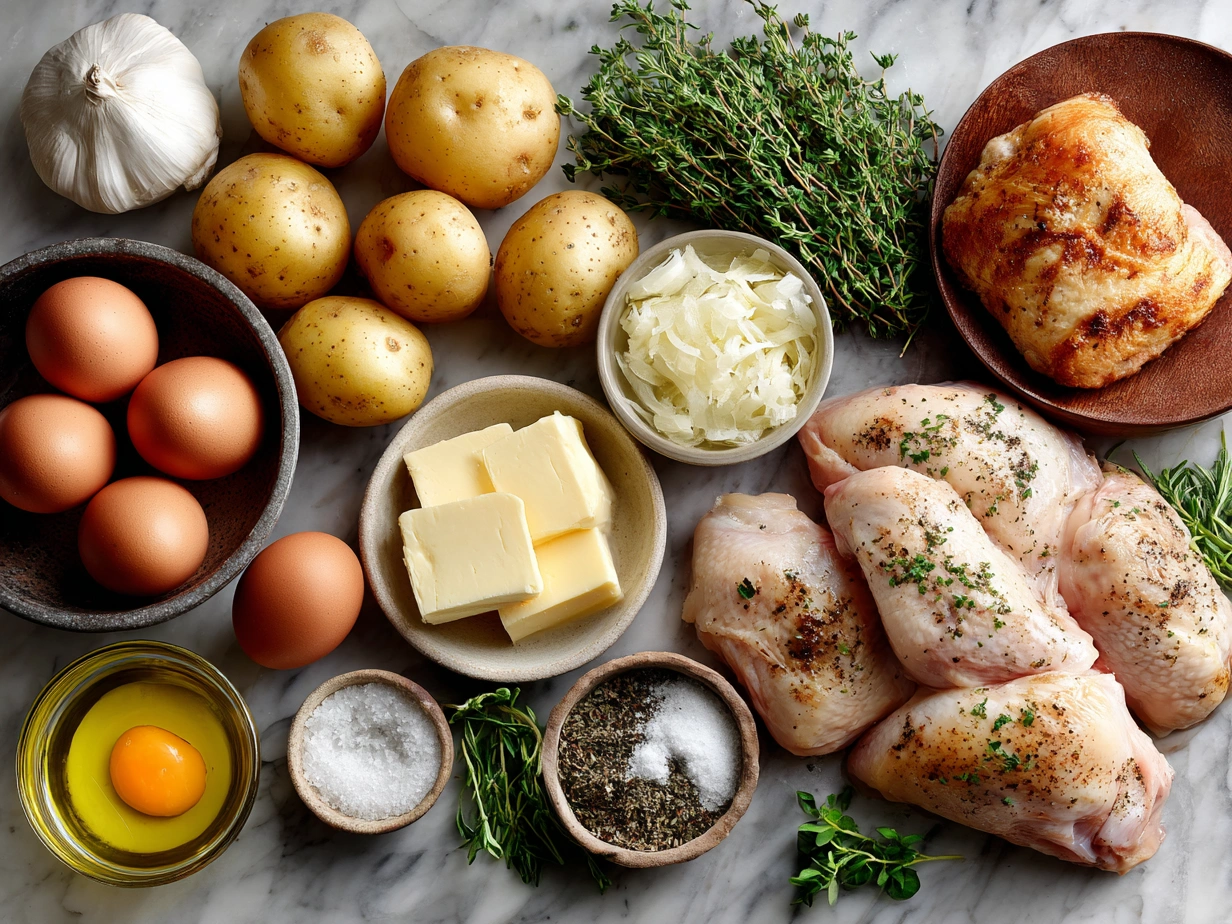 Top down view of raw ingredients for Chicken and Potatoes Dijon Sauce recipe on marble countertop