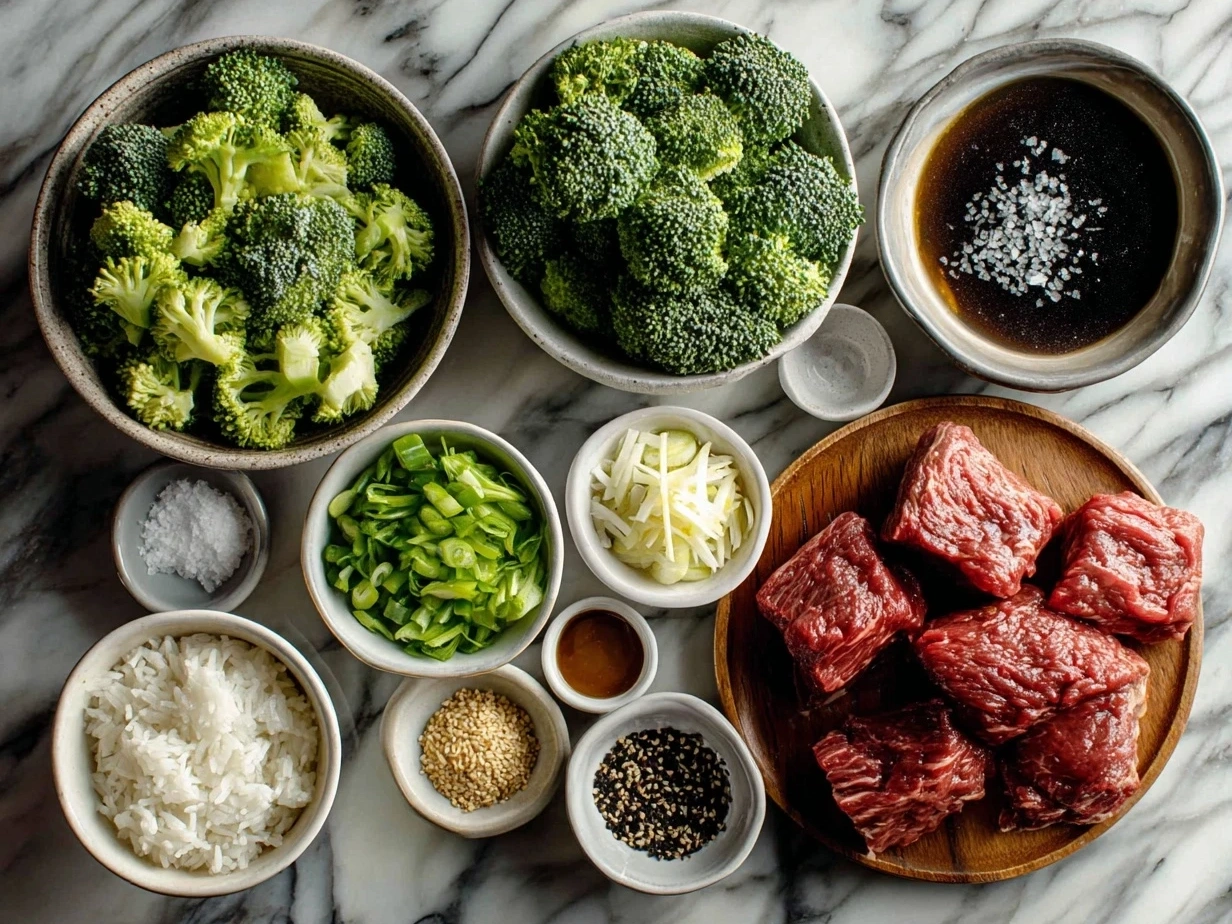 Top down view of raw ingredients for Chinese Beef Broccoli Stir-fry including flank steak, broccoli florets, garlic, ginger, and sauces