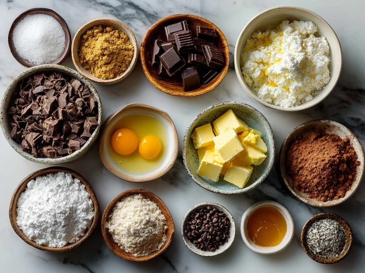 Top-down view of raw ingredients for Chocolate Blossom Cookies including butter, sugar, flour, cocoa powder, and chocolate kisses.