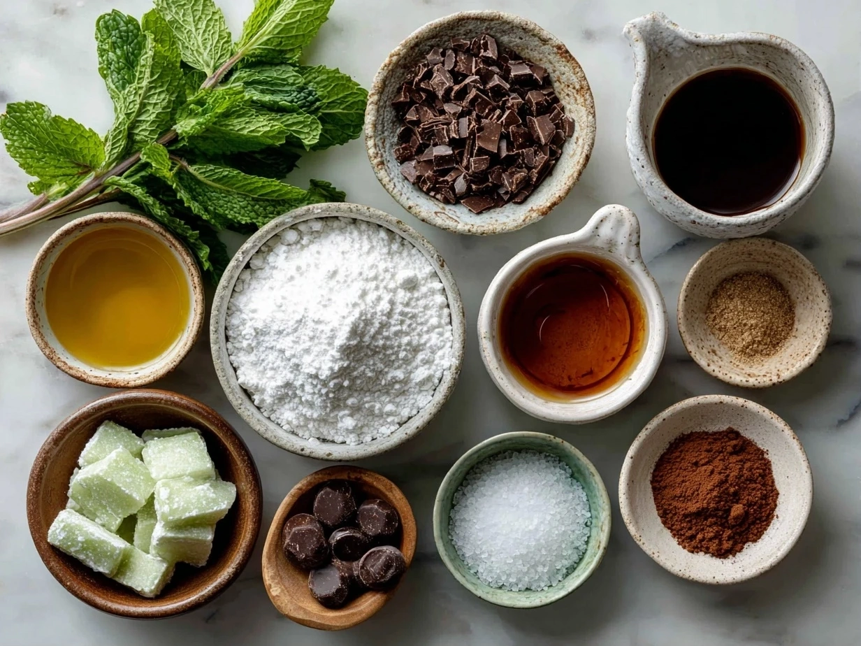 Top down view of raw ingredients for Chocolate Mint Crinkles on a marble surface