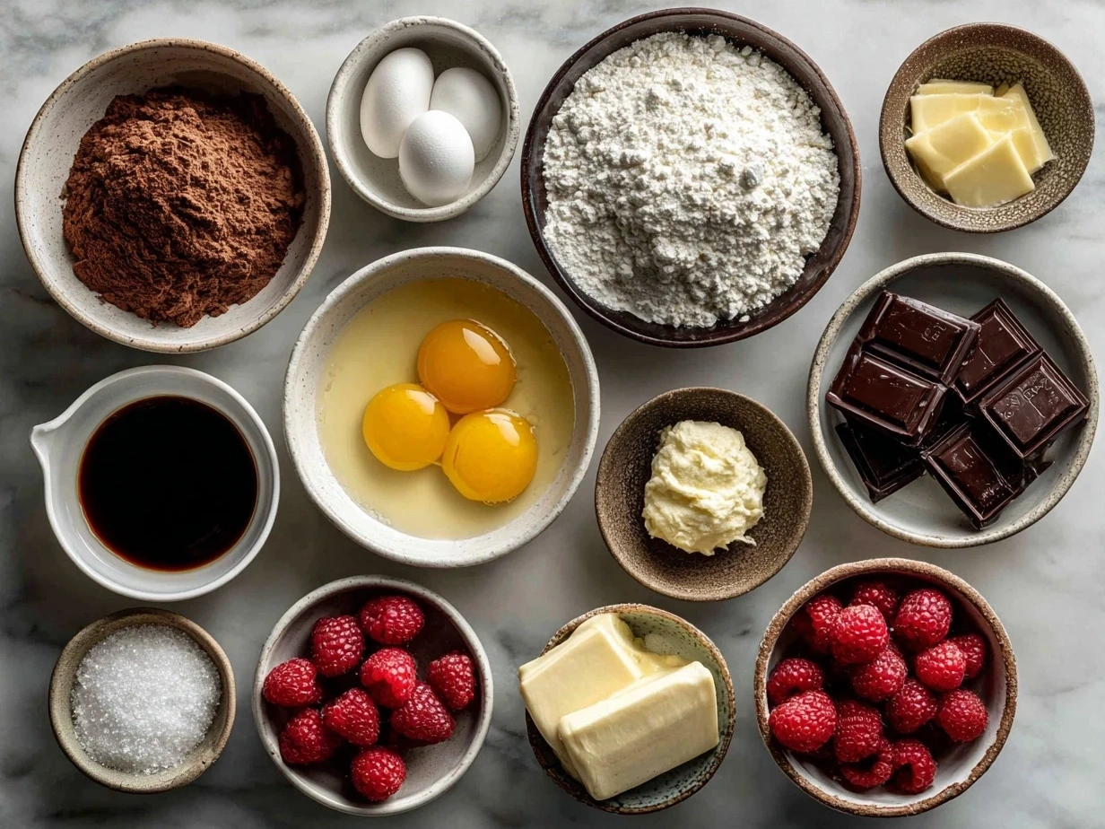 Ingredients for Chocolate Raspberry Cake laid out on table