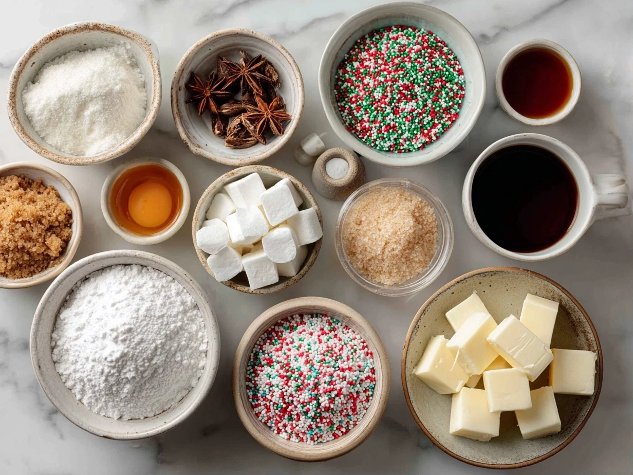 Top down view of raw ingredients including flour, butter, sugar, egg, vanilla, milk and colorful sprinkles for Christmas Sprinkle Cookies