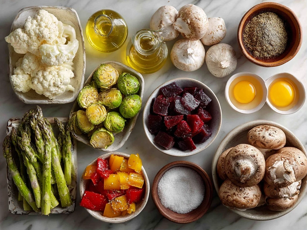 Top down view of raw ingredients for Ciambotta on marble surface