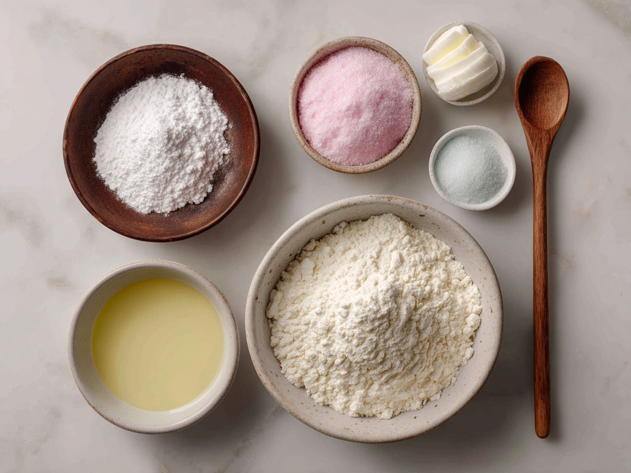 Ingredients laid out for Cotton Candy Swiss Cake Roll including eggs, sugar, flour, pink food coloring, and cream