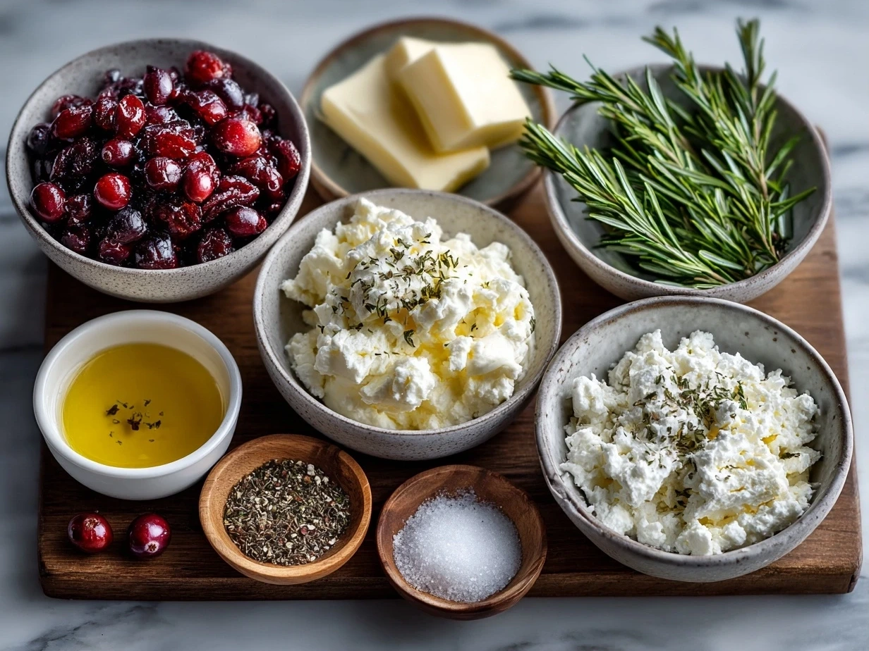 Top down view of raw ingredients for Cranberry Jalapeno Cream Cheese Dip on marble surface