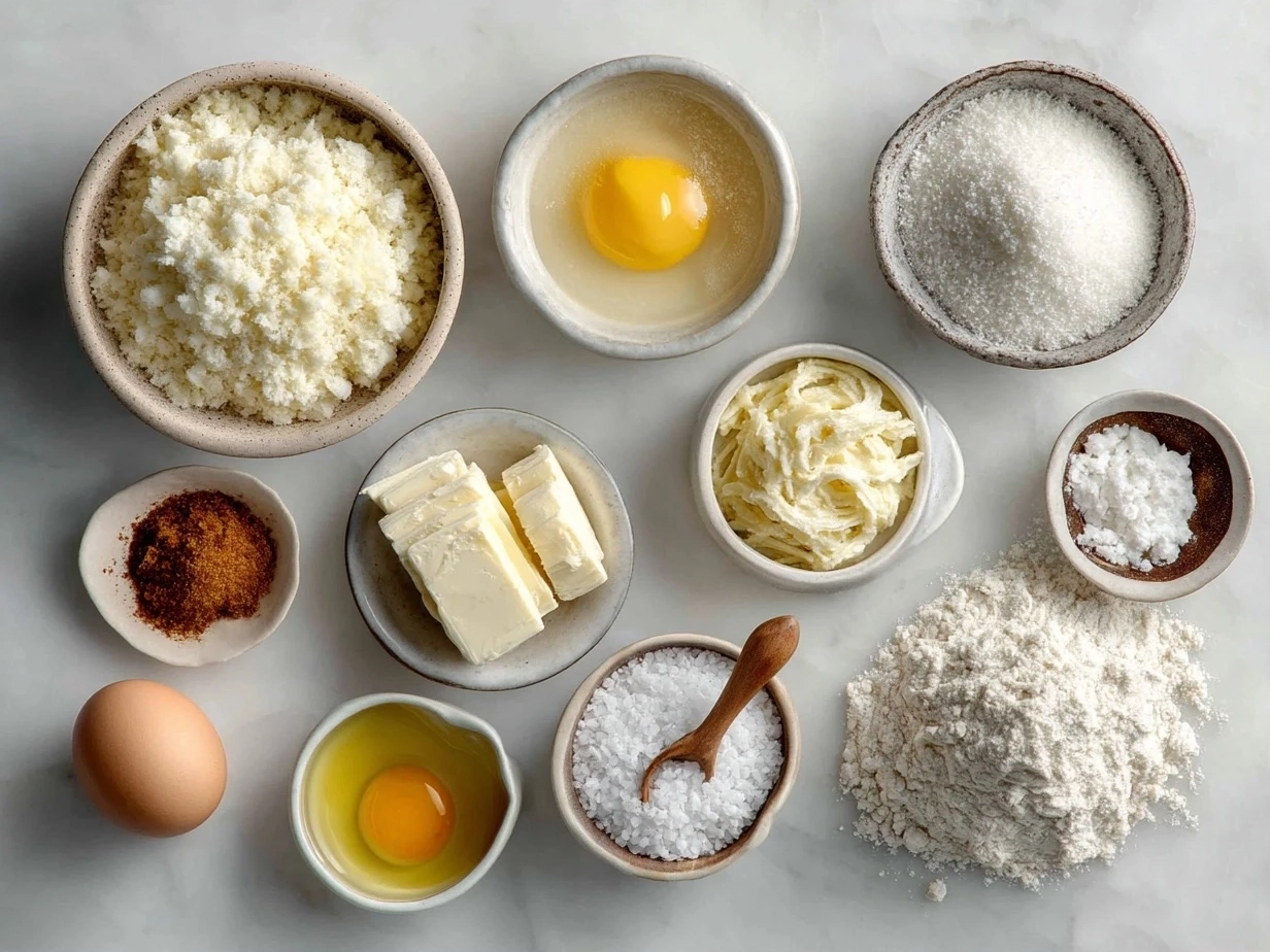 Top down view of raw ingredients for creamy scalloped potatoes including potatoes, garlic, butter, and cheese