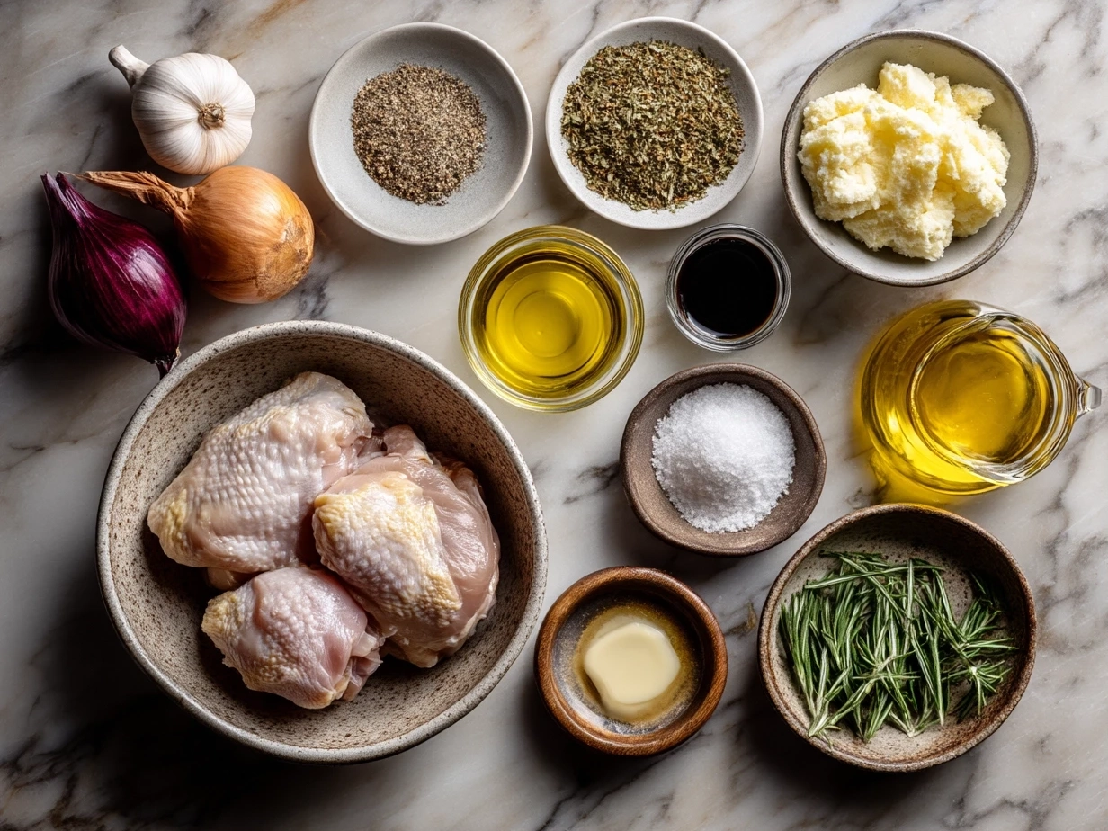 Top-down view of raw ingredients for Crockpot Chicken Gravy on marble surface