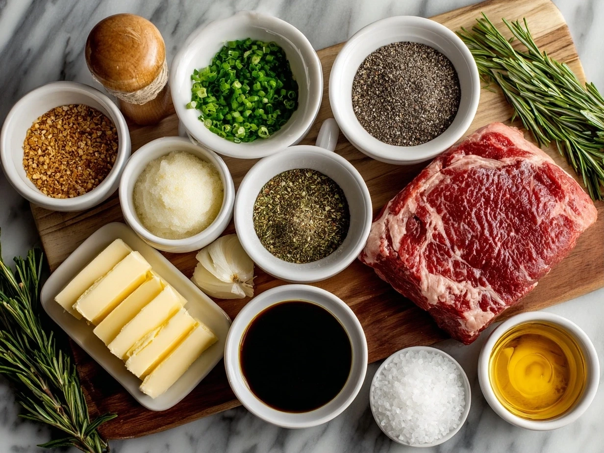 Raw ingredients for Crockpot French Dip Sandwiches laid out on marble surface