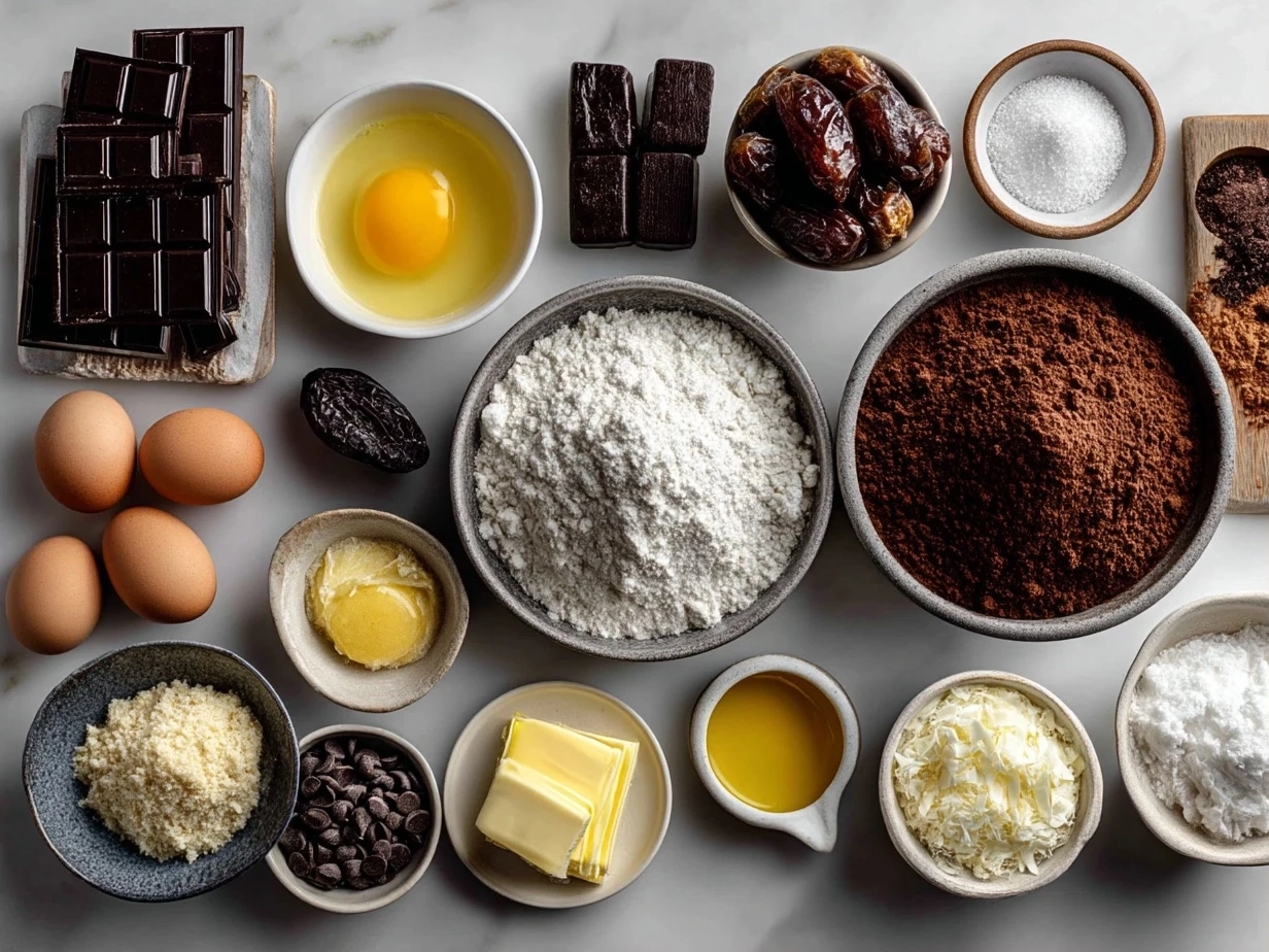 Raw ingredients for Date Brownies laid out on marble surface including dates, walnuts, cocoa powder and almond milk