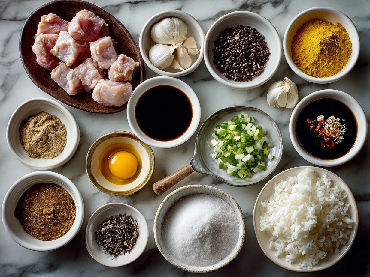 Top down view of raw ingredients for Filipino Chicken Adobo on marble surface