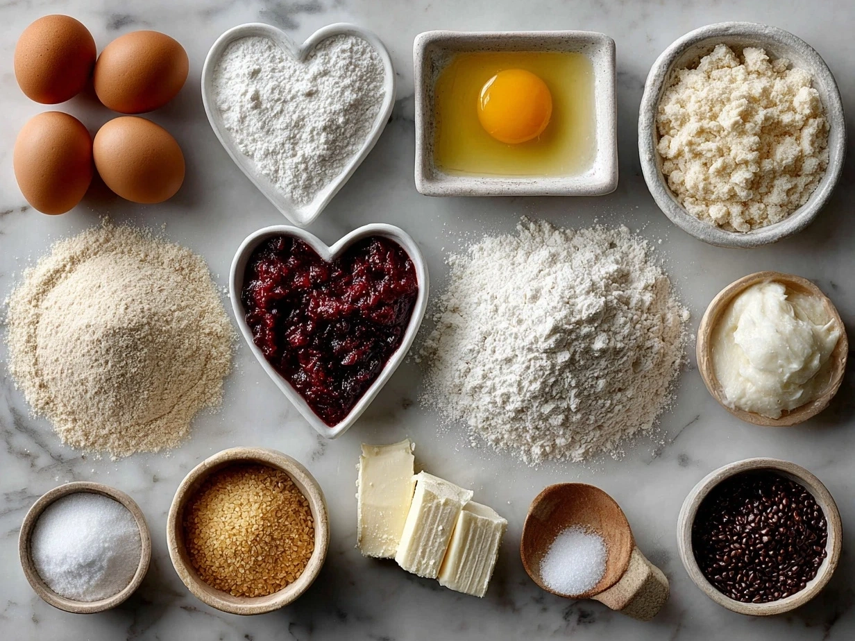 Top down view of raw ingredients for Frosted Heart Sugar Cookies including flour, sugar, butter, eggs, and vanilla extracts