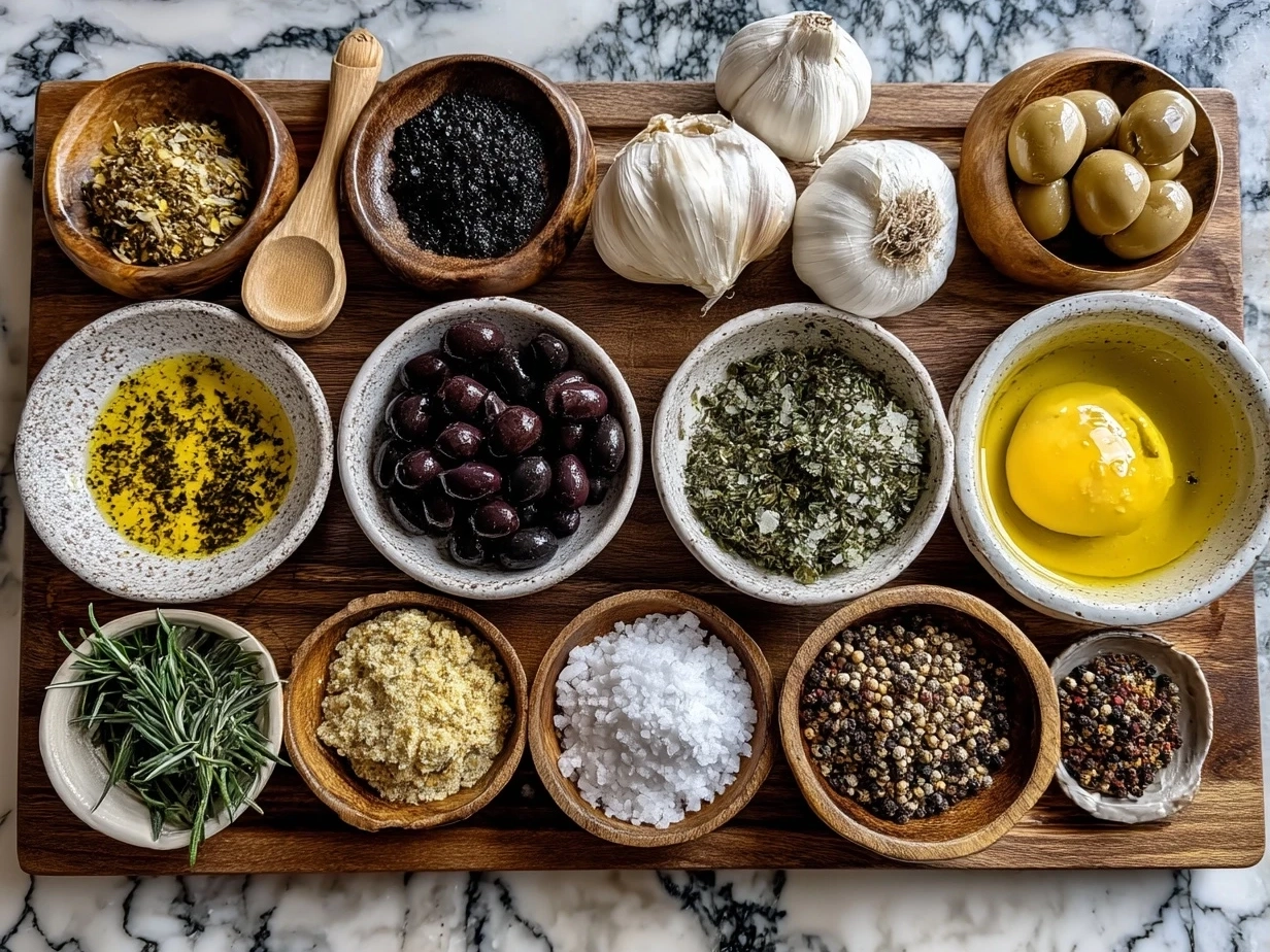 Top down raw ingredients for garlic olive oil dip on marble surface