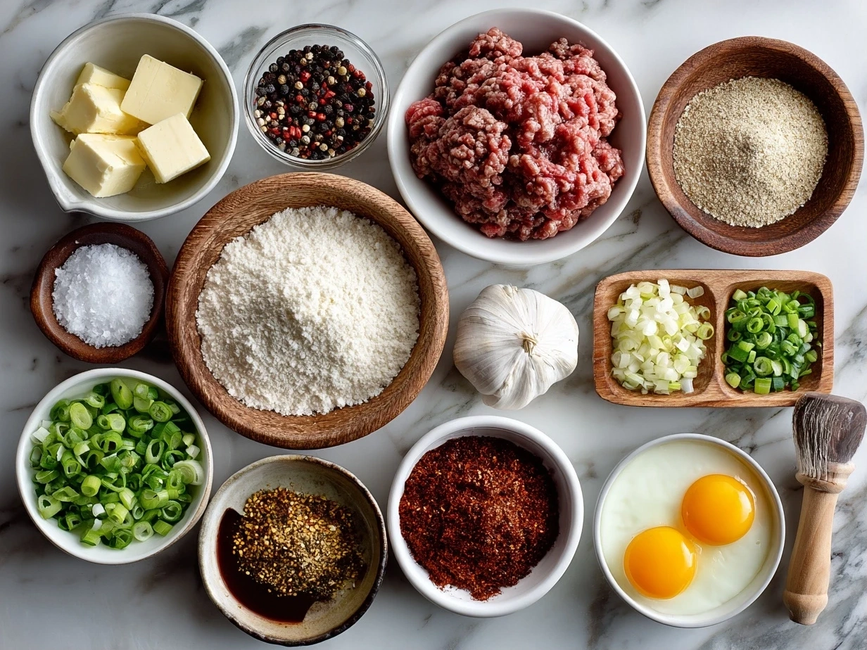 Top-down view of raw ingredients for Ground Beef Bulgogi including ground beef, garlic, ginger, soy sauce and sesame oil